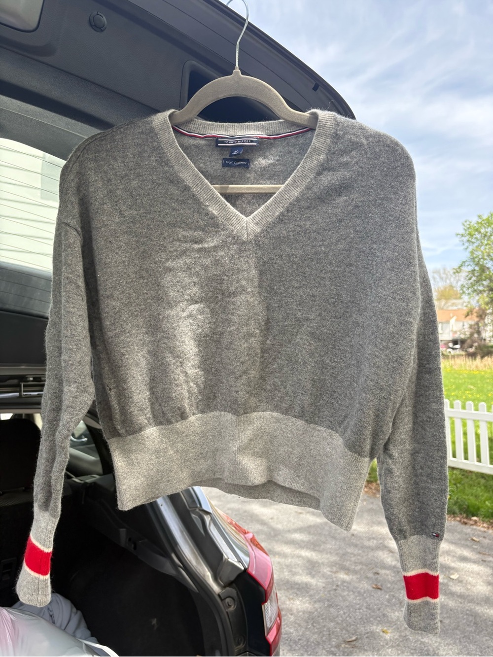 Tommy Hilfiger Gray V-Neck Sweater with Red Cuff Stripes
